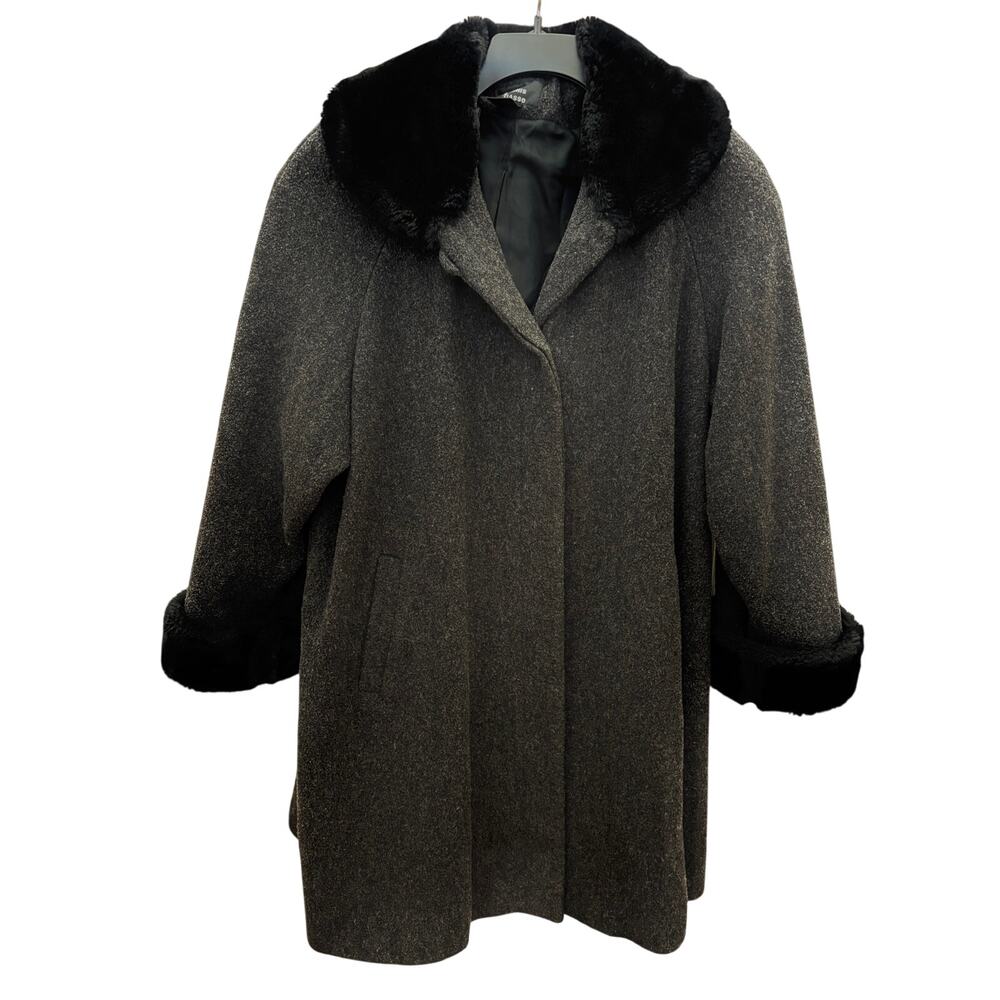 Classic Dennis Basso 100% Wool Swing Coat Charcoal Faux Fur Collar Cuff Size 1X